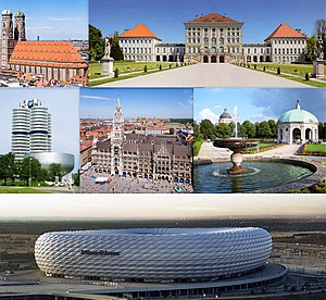 From left to right:The Munich Frauenkirche, the Nymphenburg Palace, the BMW Headquarters, the New Town Hall, the Munich Hofgarten and the Allianz Arena.